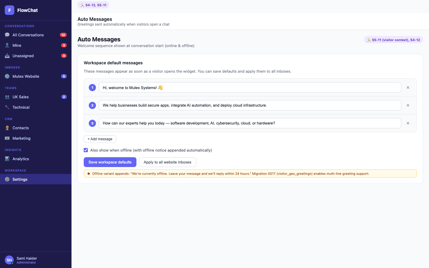 Auto messages — Automated messages triggered by conversation events.