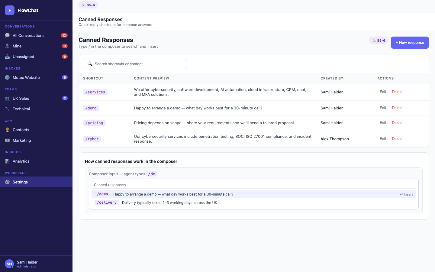 Canned responses — Speed up agents with pre-approved reply text.