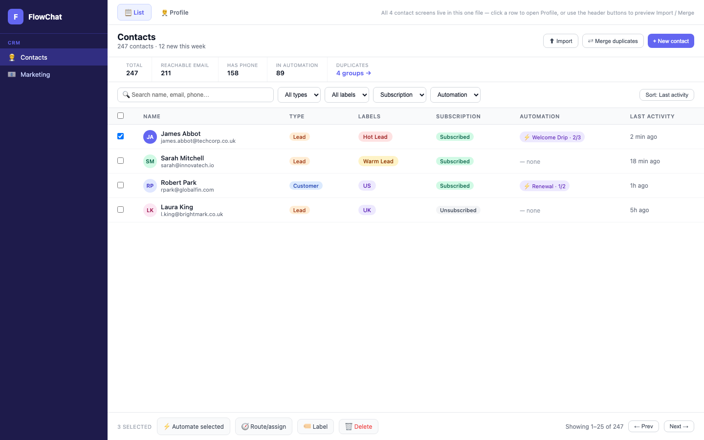 Contacts list — Unified profiles — every lead and customer from LeadSnapper, chat, import, or enrichment.