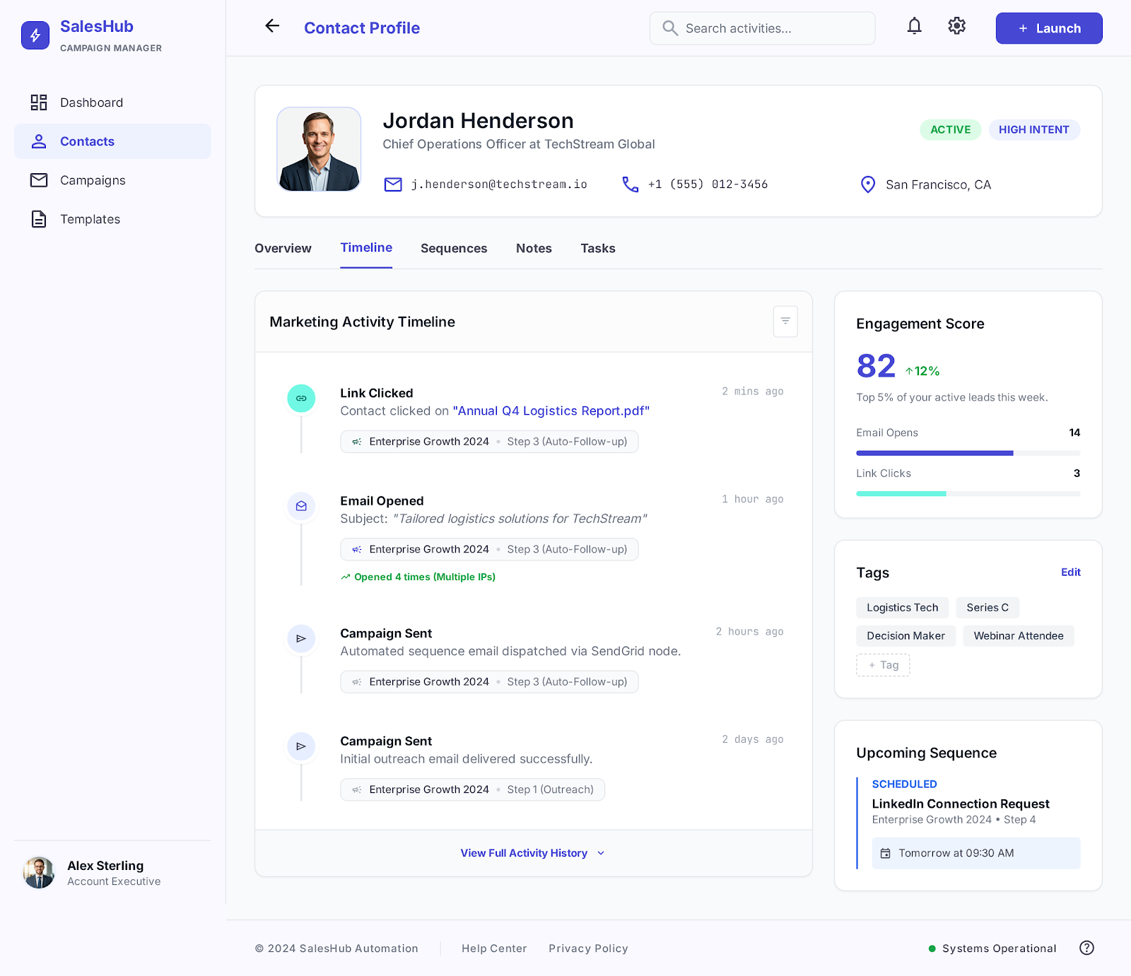 Contact timeline — Full history and quick actions — chat, email, call, or generate a document from one profile.