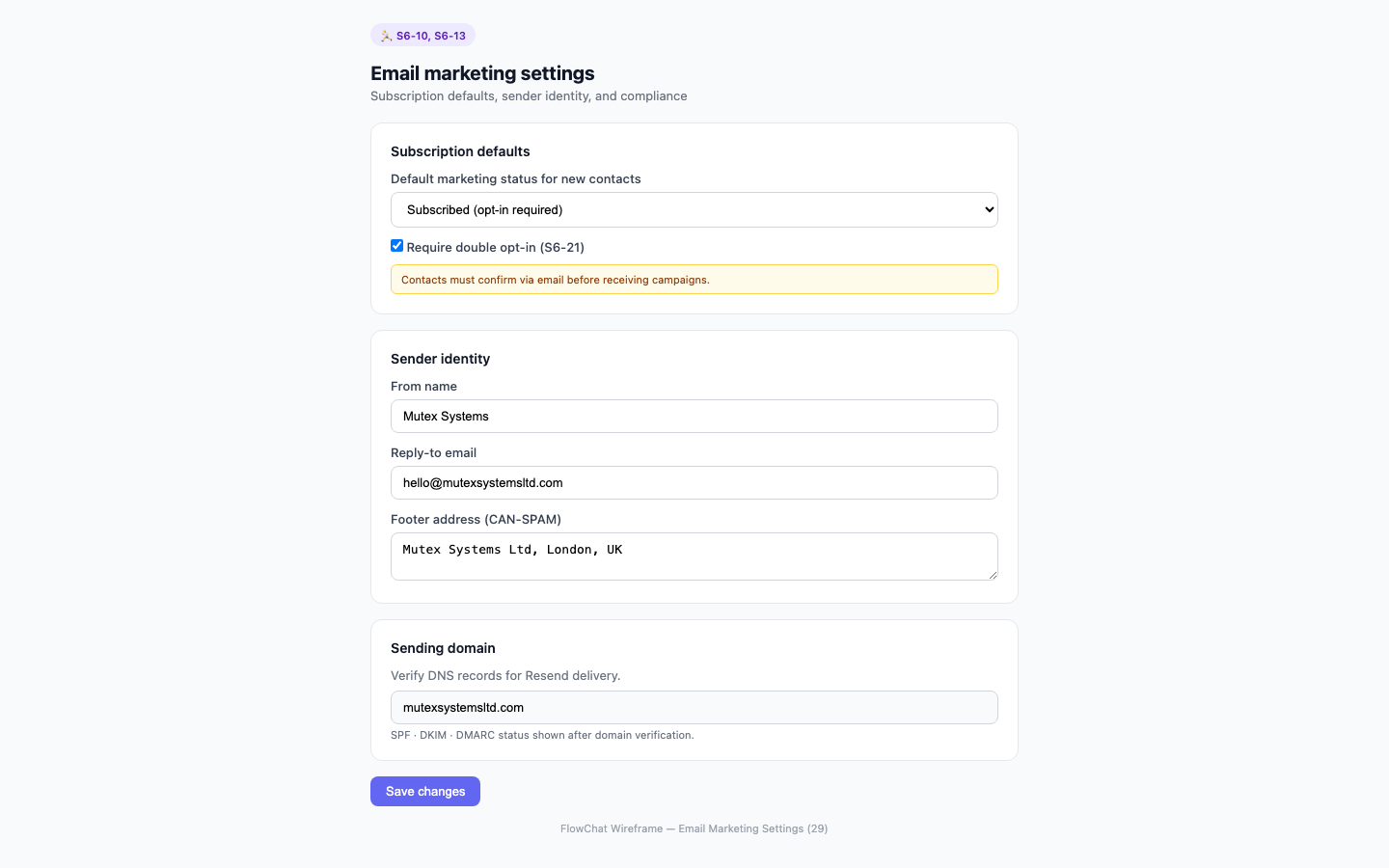 Email marketing settings — Sender identity and subscription defaults in one place.