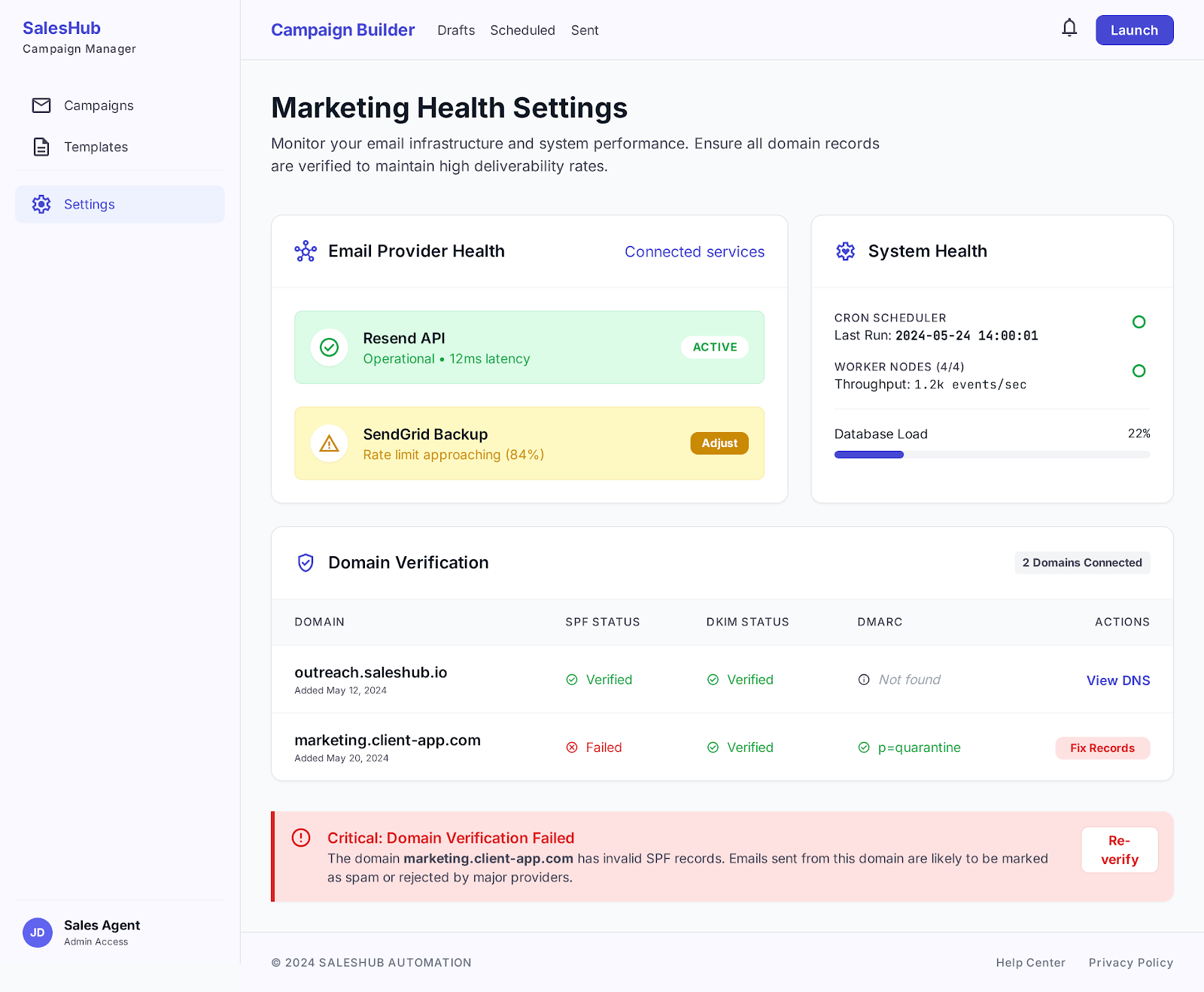 Marketing health — Surfaces ESP connection issues before they become a deliverability problem.