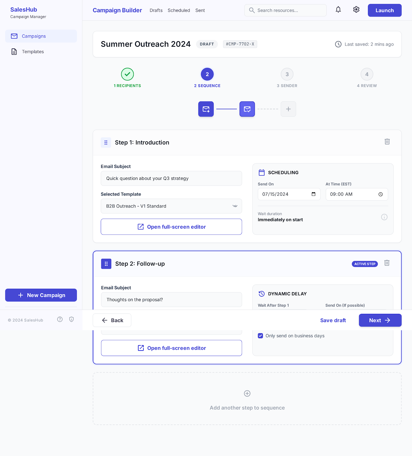 Sequence builder — Orchestrate automated follow-up sequences.