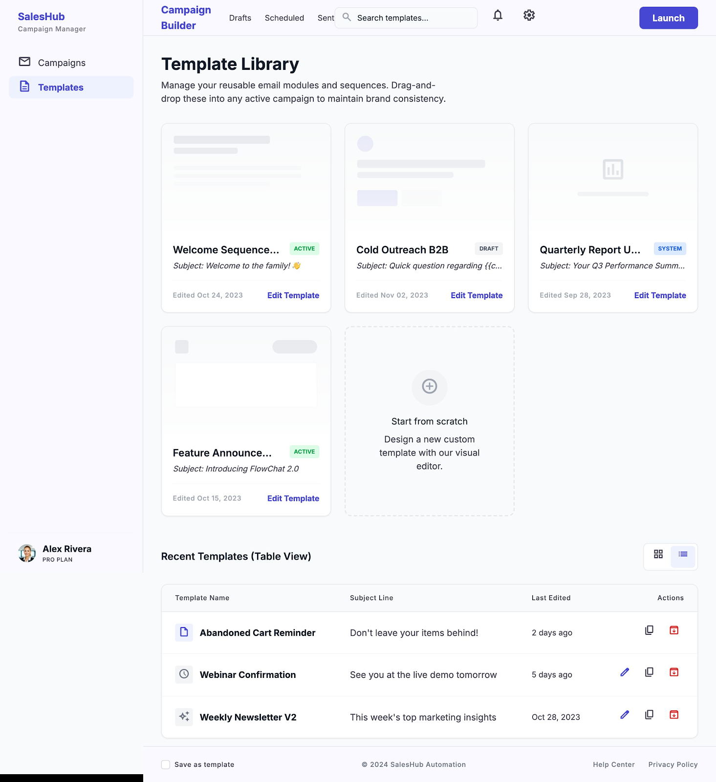 Template library — Reusable, approved templates instead of rebuilding every campaign from scratch.