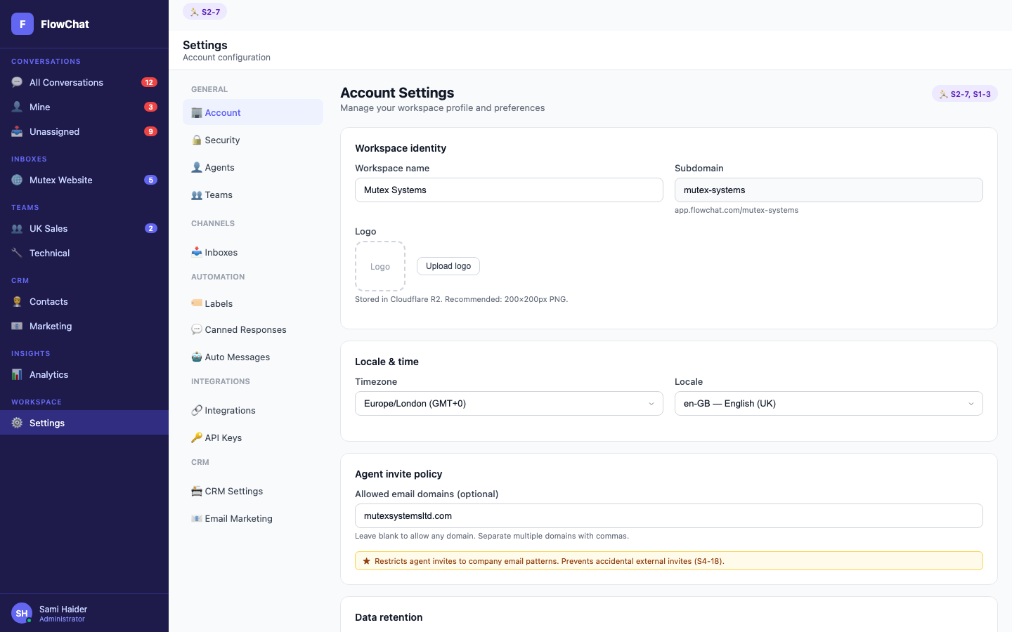 Account & logo — Configure the tenant — branding, people, routing groups, and security controls.