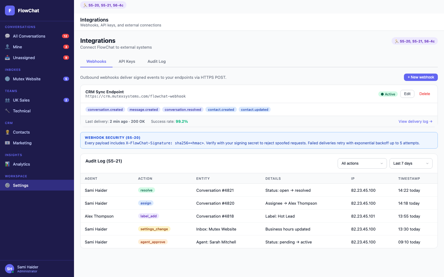 Integrations — Webhooks, API keys, and Connected Services for external systems.