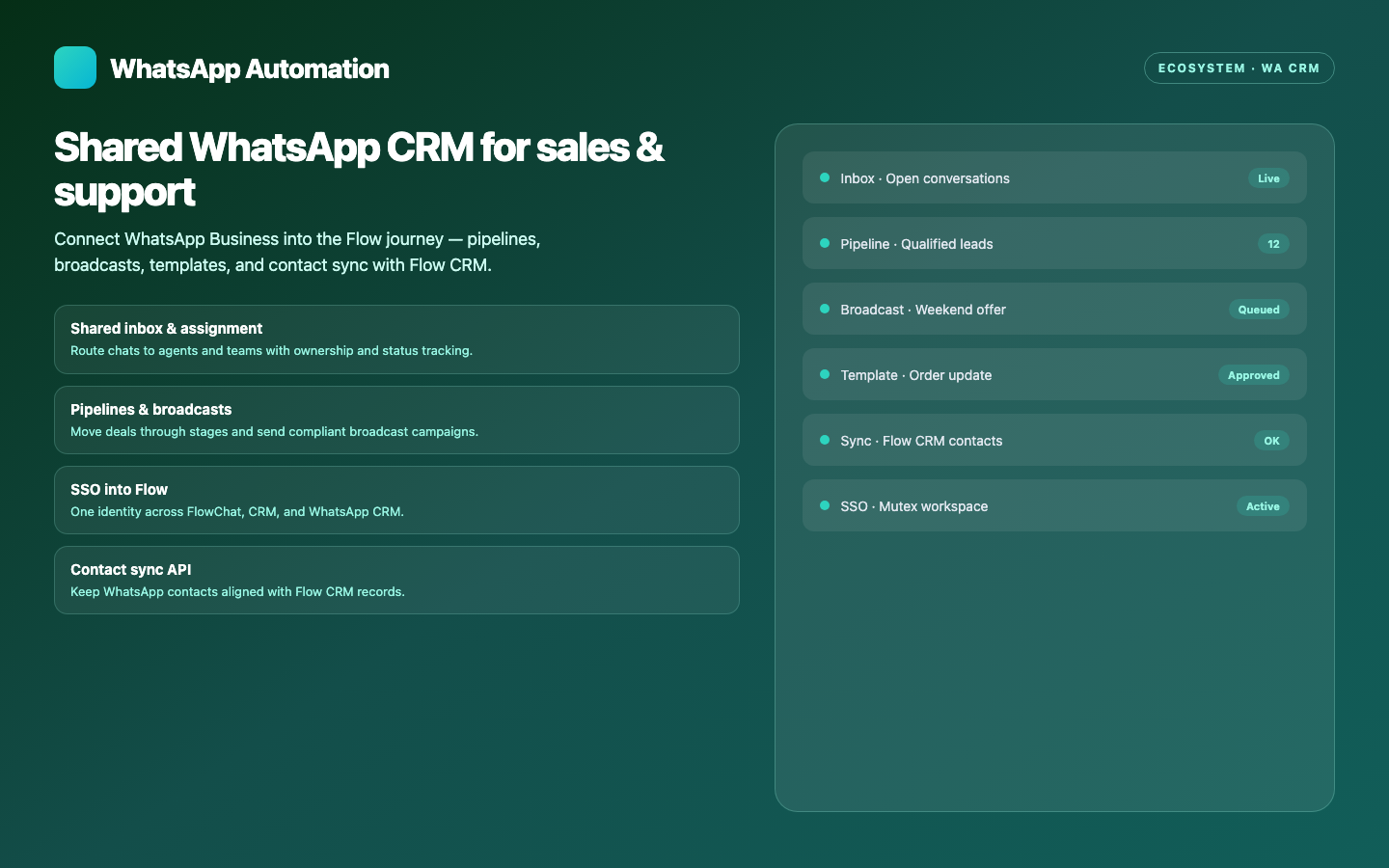 WhatsApp Automation — Shared WA inbox, pipelines, and broadcasts — SSO and contact sync with Flow.