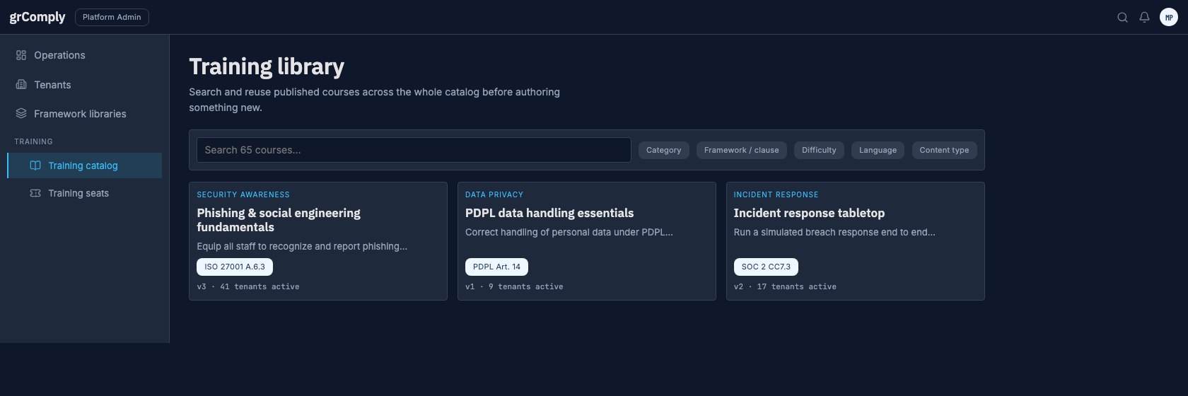 Training library — Search and reuse published courses across the whole catalog before authoring something new, filterable by category, framework/clause, difficulty, language, and content type.