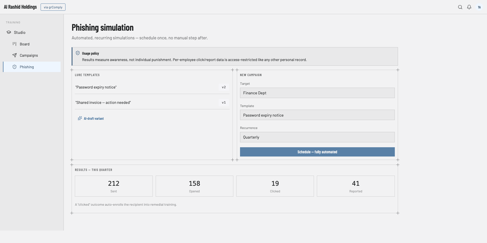 Phishing simulation — scheduled, recurring lure campaigns with sent, opened, clicked, and reported outcomes; a click auto-enrols the recipient into remedial training.
