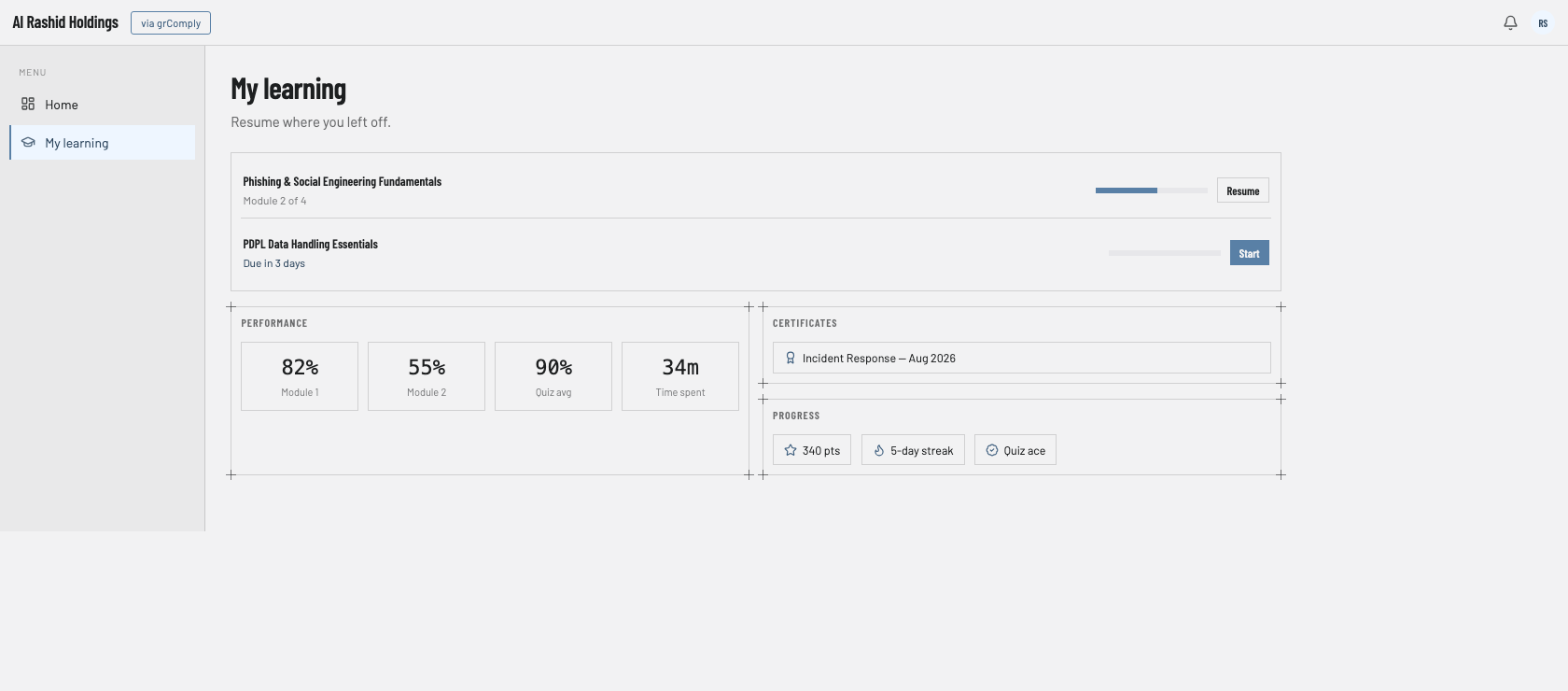 My learning — the learner's own view: resume progress, performance by module, certificates, and gamified streaks and points.