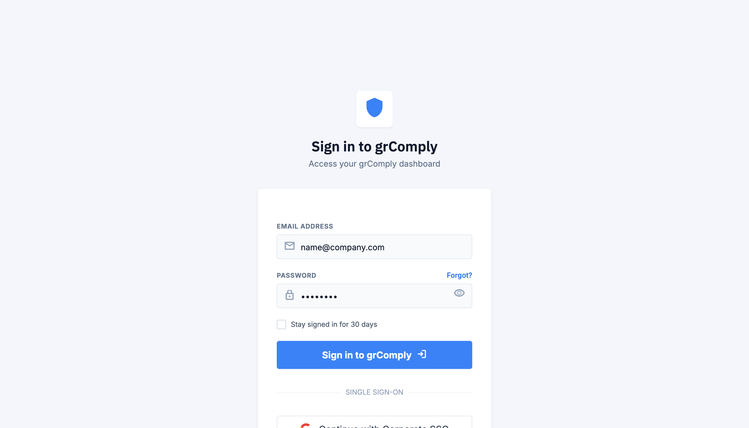 Login — Tenant-branded entry — quiet infrastructure, the same surface every stakeholder signs into on day one.