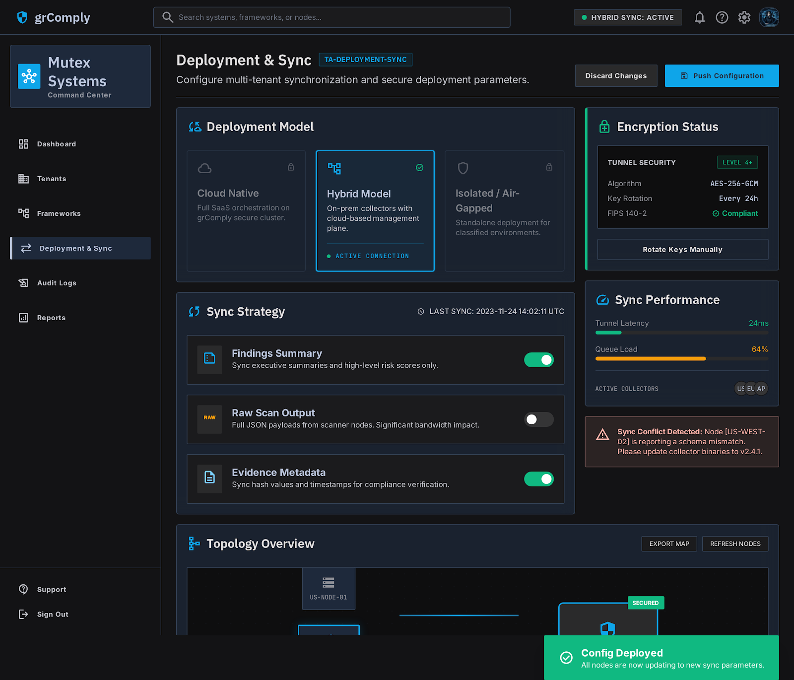 Deployment sync — License and plan meters, hybrid sync categories, and connectivity entry — cloud, hybrid, or private on-prem from one screen.