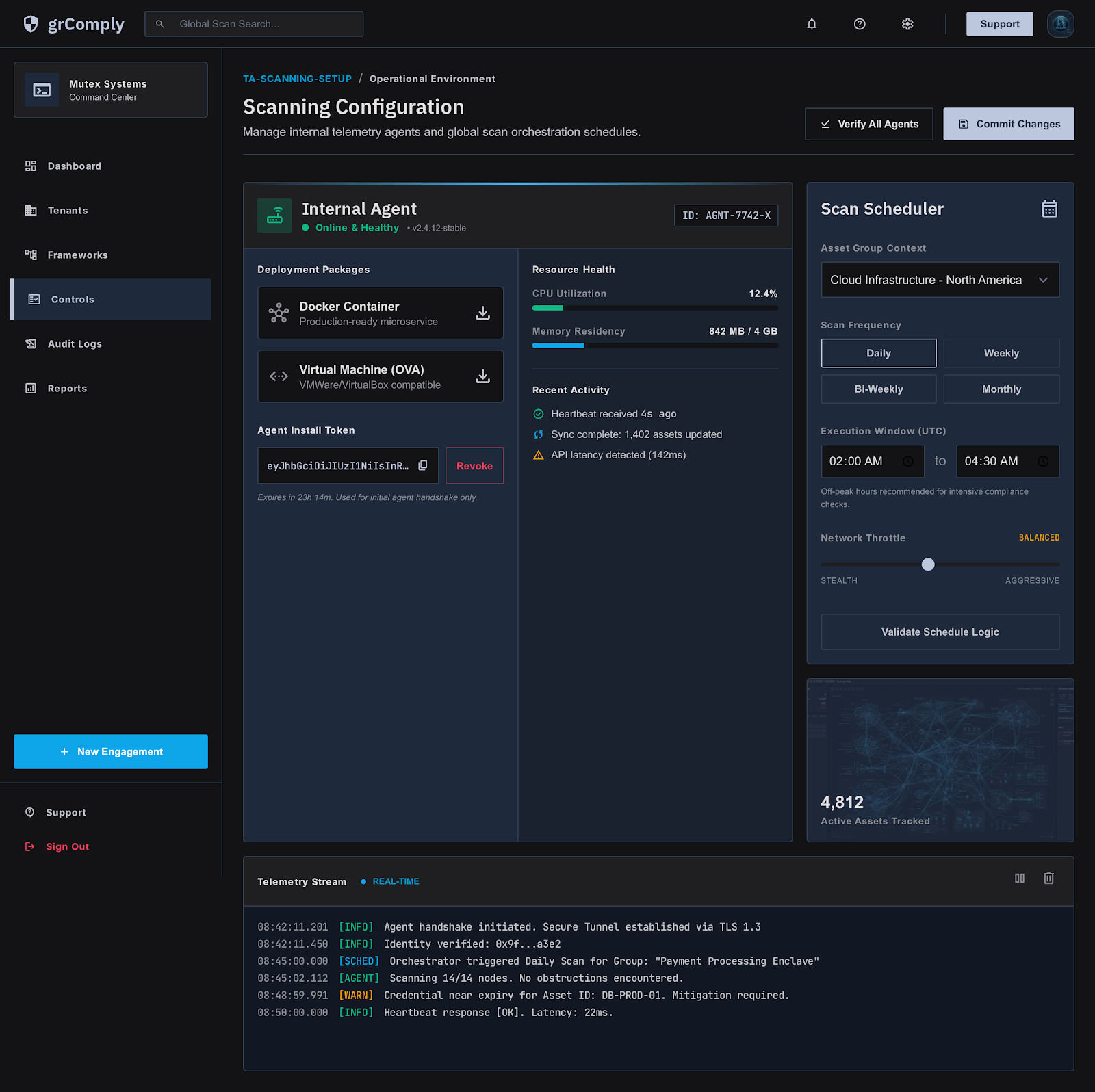 Scanning setup — Agents, asset groups, schedules, and vulnerability assessment controls — external, internal, and VA enrichment in one place.