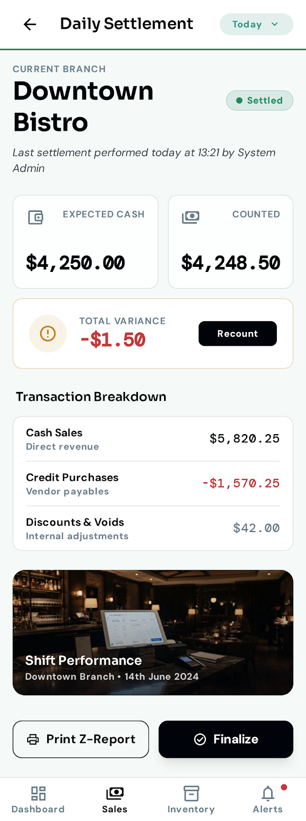 Daily settlement — End-of-day settlement status by branch.