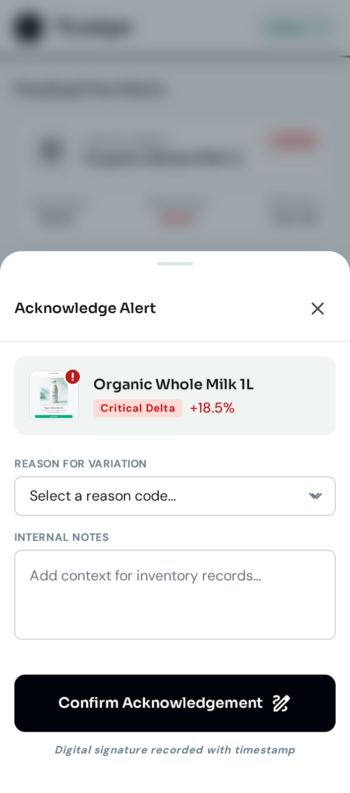 Acknowledge sheet — Quick-acknowledge pattern for alerts.