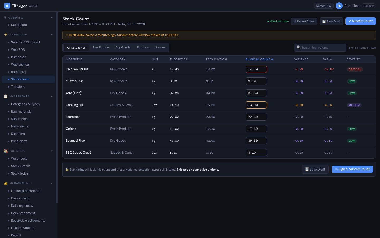 Stock count — Inventory truth — physical counts reconciled against the ledger.