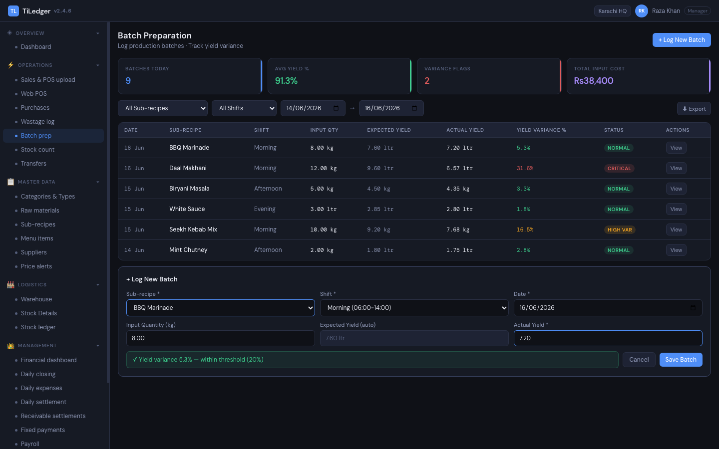 Batch prep — Production and waste — batch prep tracked against the BOM.