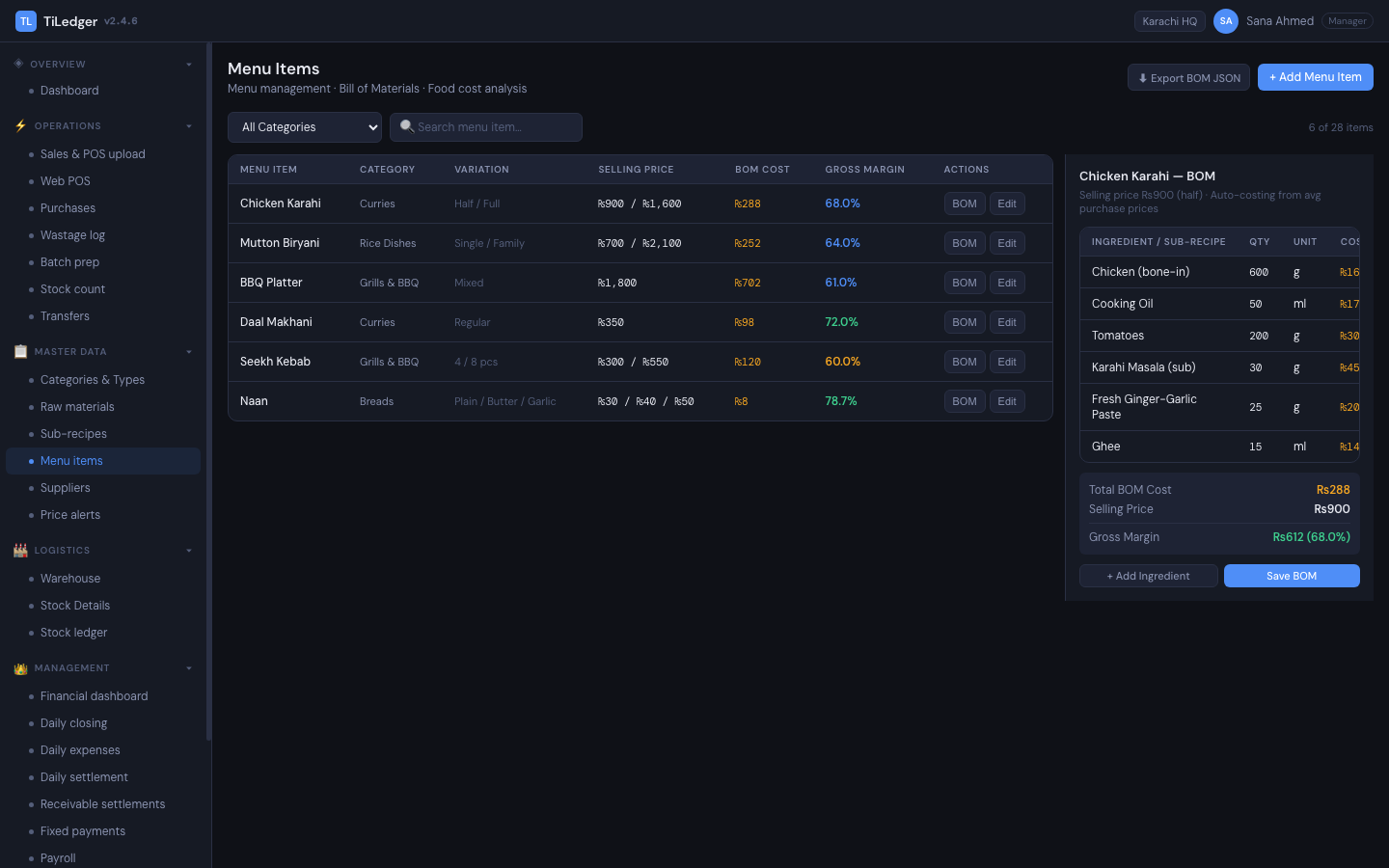 Menu / BOM — Menu items as a live bill of materials — sales explode into consumption, not a flat COGS guess.