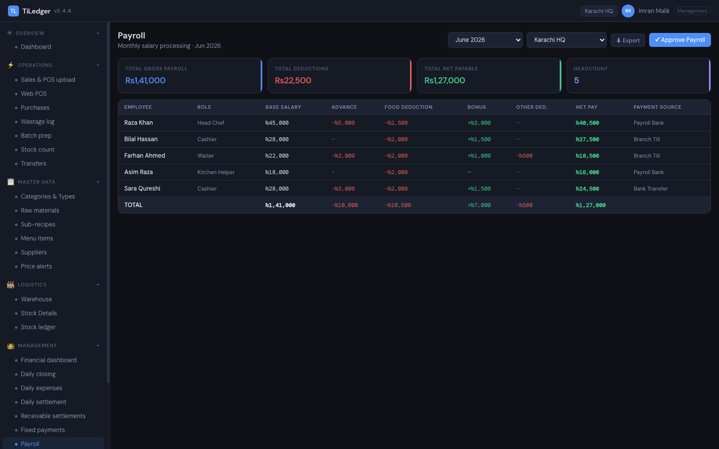 Payroll — Payroll with attendance import and a day-end webhook.