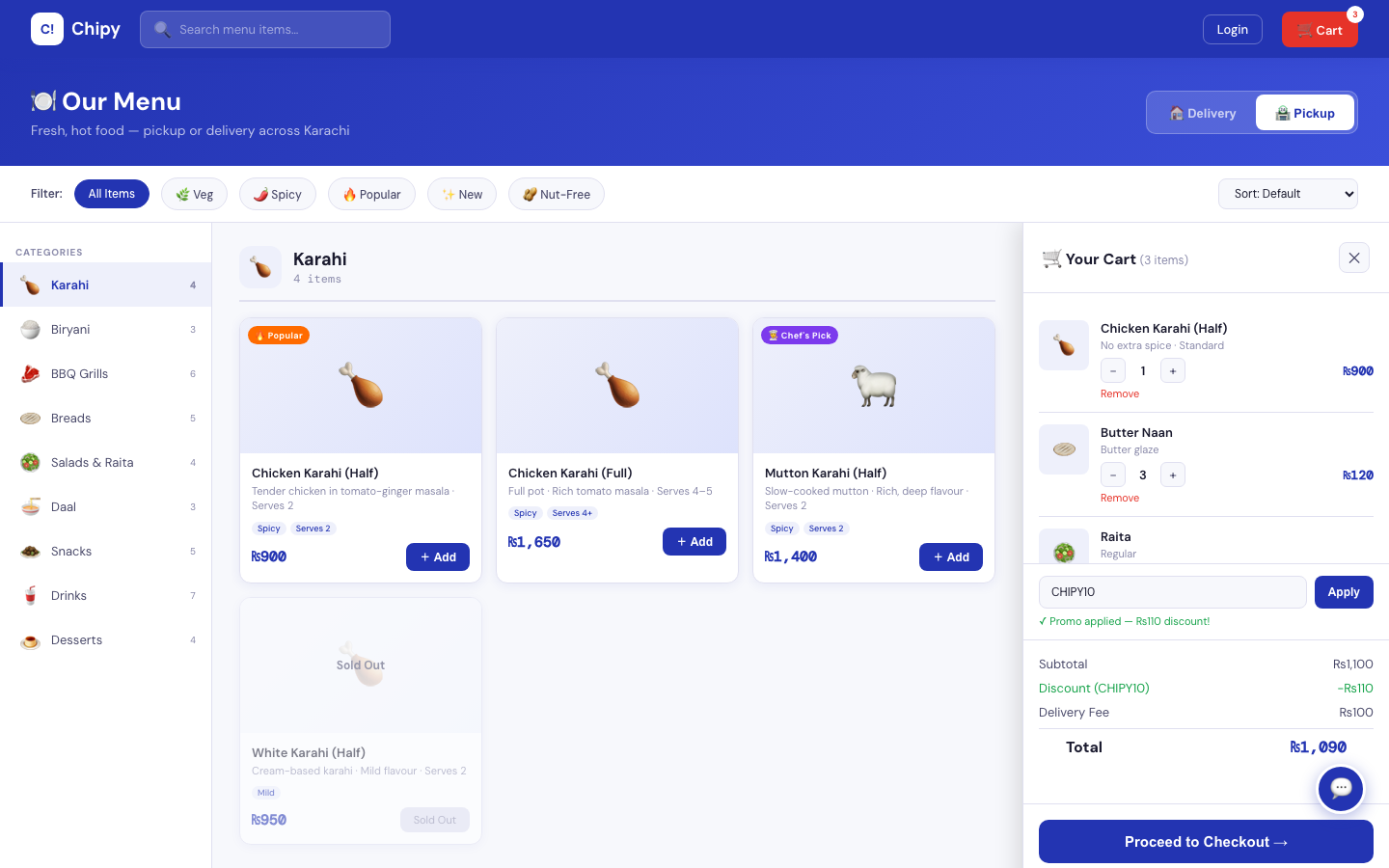 Menu — Stock-aware menu — items go unavailable automatically when inventory runs out.
