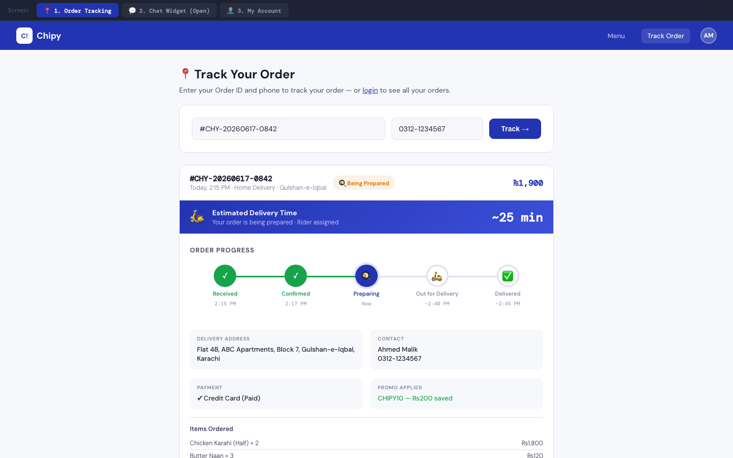 Tracking & account — Order tracking and customer accounts for repeat guests.