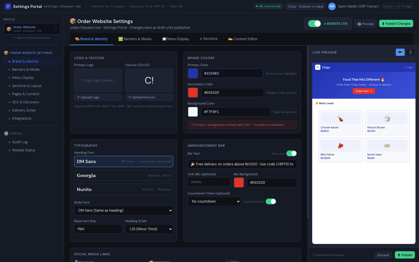 Website settings — Draft/publish control for brand and order site content.