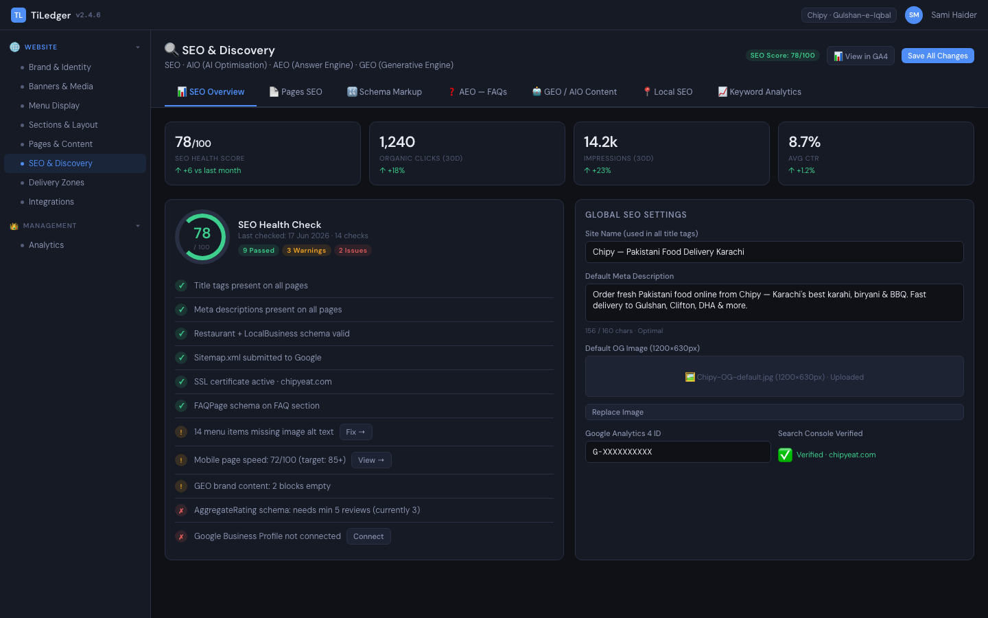 SEO panel — Built-in SEO / AIO / AEO / GEO controls for the tenant's own websites.