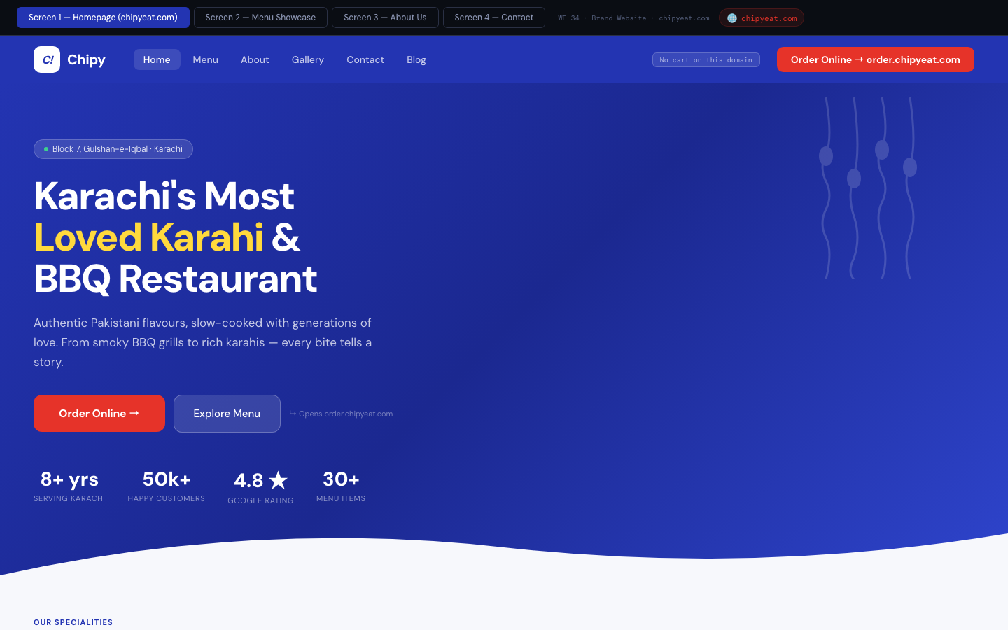 Brand website — Editorial brand site — story, menu showcase, gallery, blog, contact.