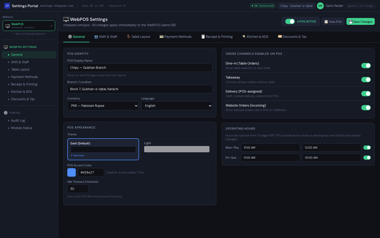 POS settings — Devices and API keys per branch, plus Foodpanda-style integrations with masked secrets.