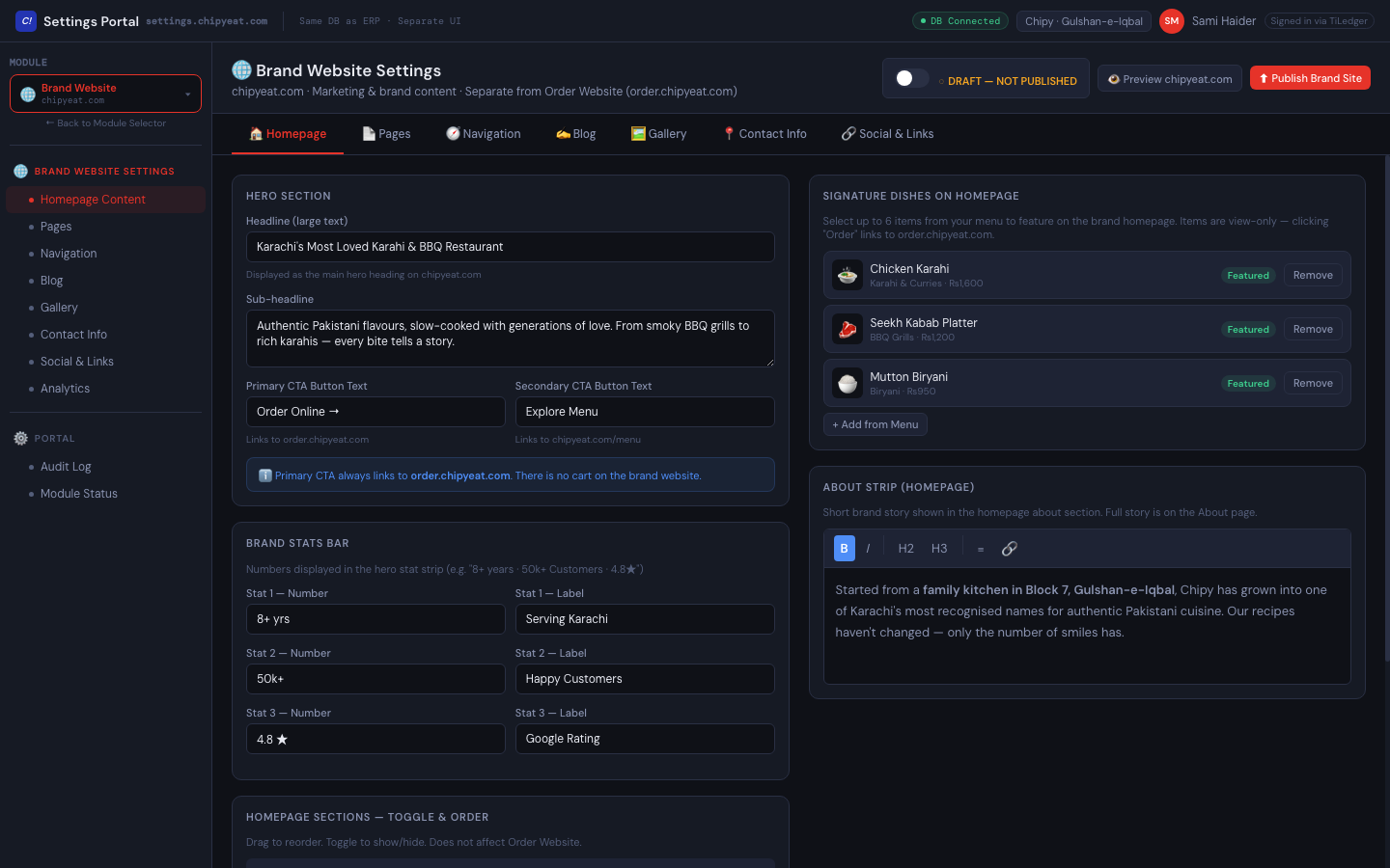 Brand settings — Independent publish control from the order site — brand teams don't touch operational config.